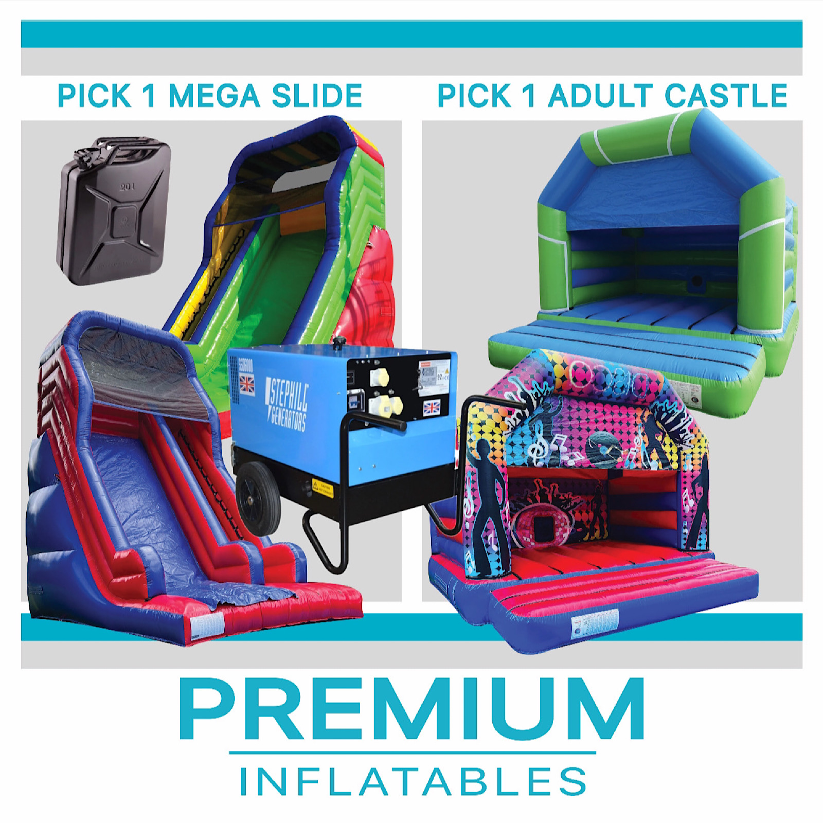 ANY Adults Bouncy Castle + ANY Adults Mega Slide + Generators & Fuel ...