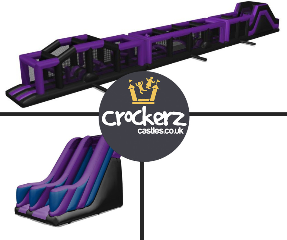 The Purple and Black Collection 90ft Obstacle Course and 10ft Slide