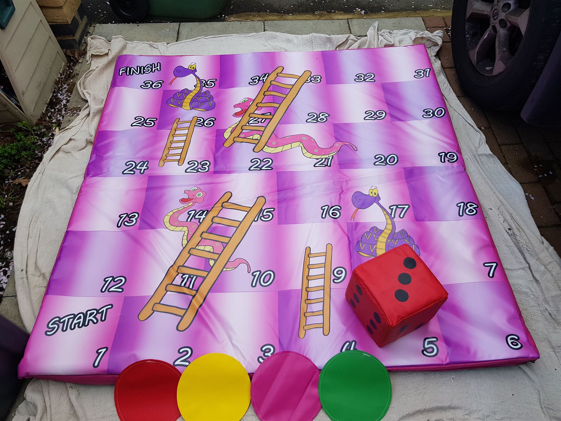 Snakes and Ladders Game with coloured counters. Bouncy Castle Hire in London