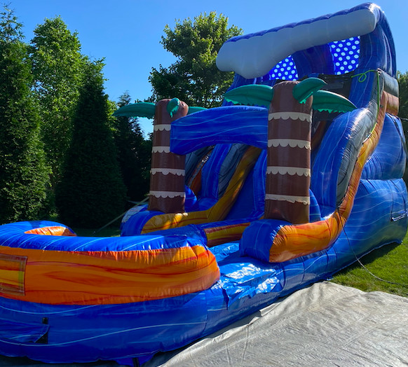 18' Blue Plummet Dual Lane Slide - Hire in KY | Bounce 'N Round Inflatables