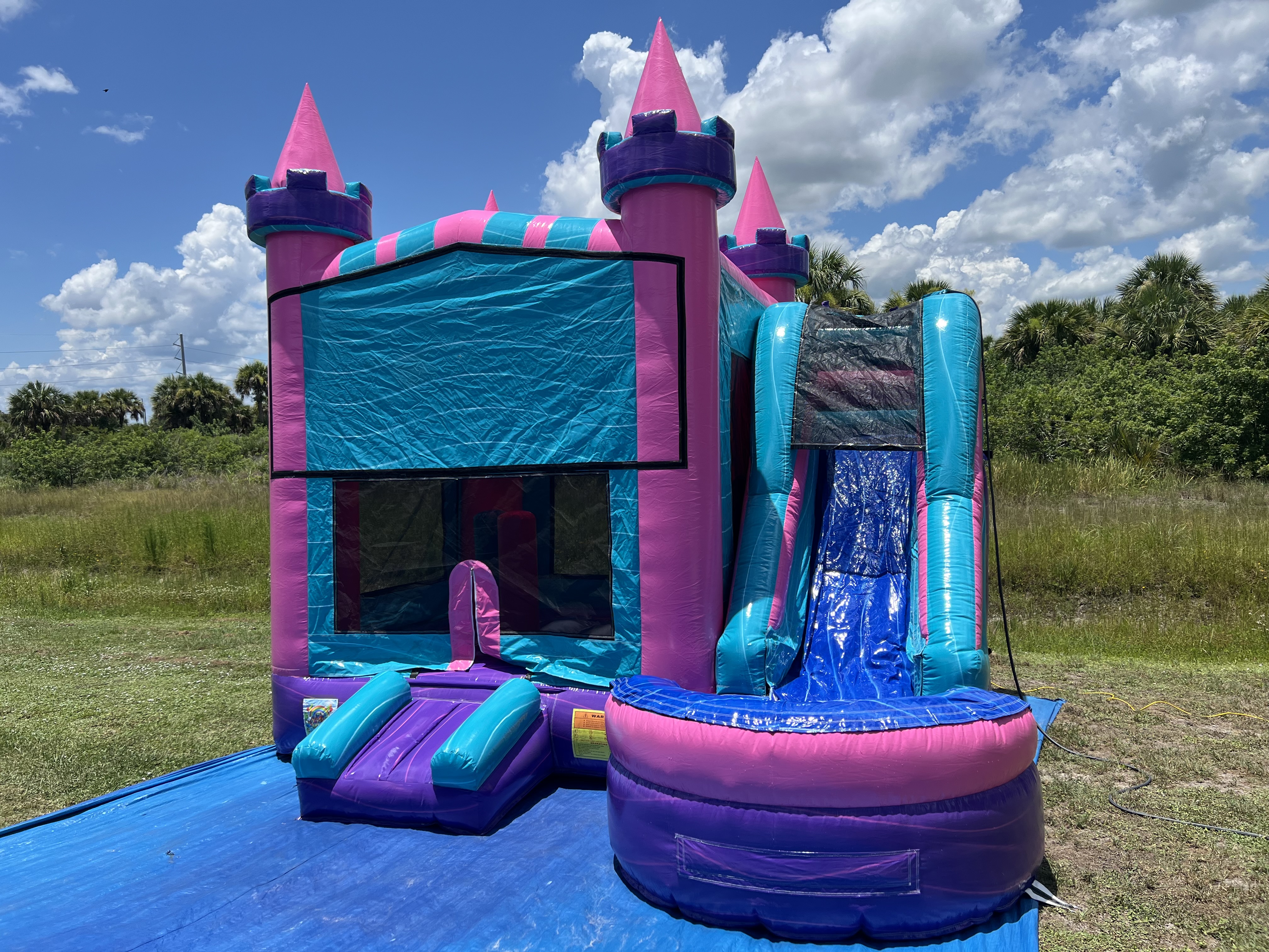 Sebastian Inflatable 5-in-1 Pink and Purple with 7ft Slide Wet or Dry use All Day Rental ...