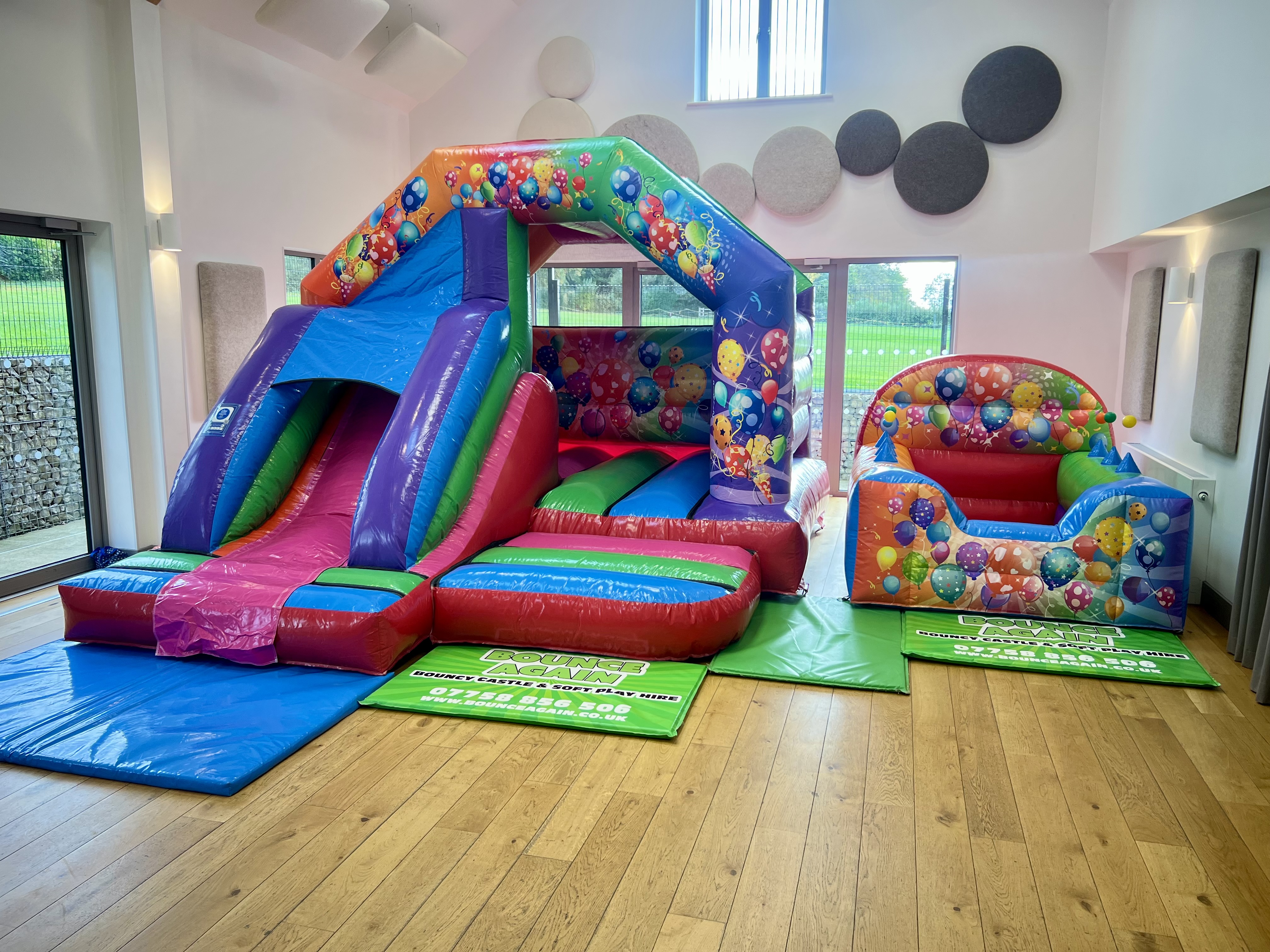 Multi-Coloured Party Bounce and Slide + Air Juggler Ball Pit Package ...
