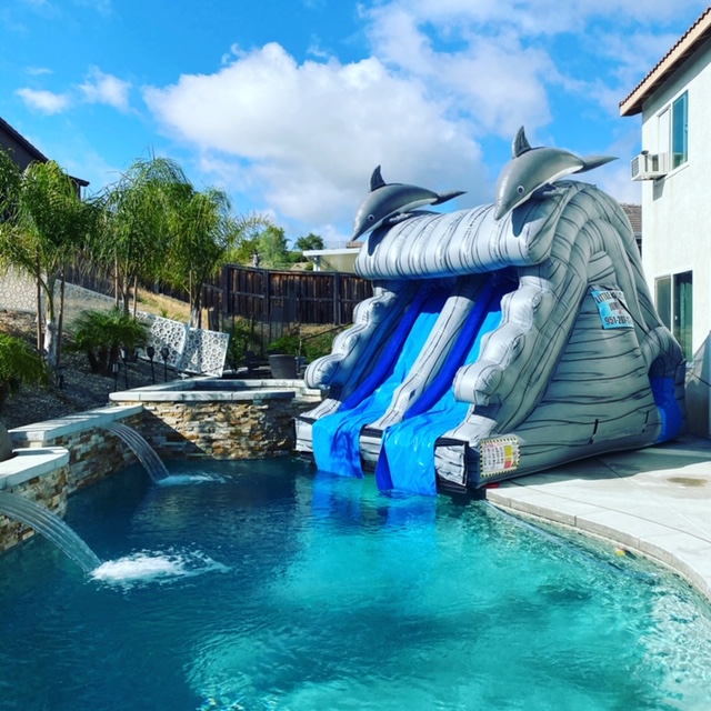 13 Dolphin Pool Slide Bounce House, Inflatable Slide Into Inground Pool