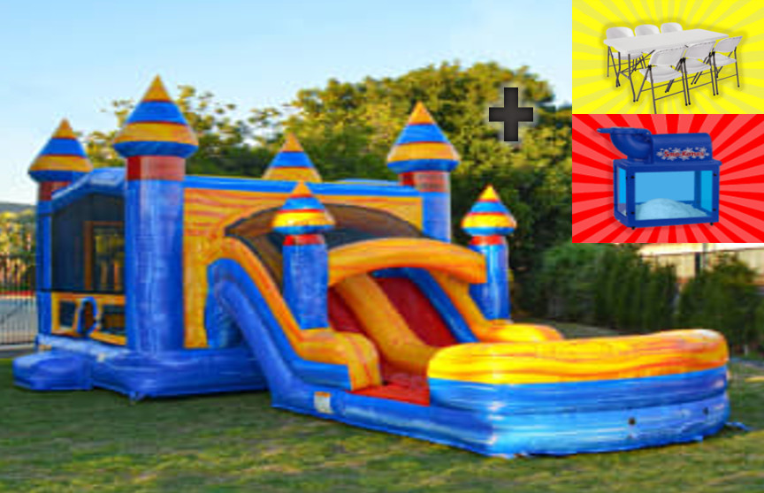 Sebastian Inflatable Blue Bounce House with Dual Lane Slide with 2 tables 16 chairs and a ...