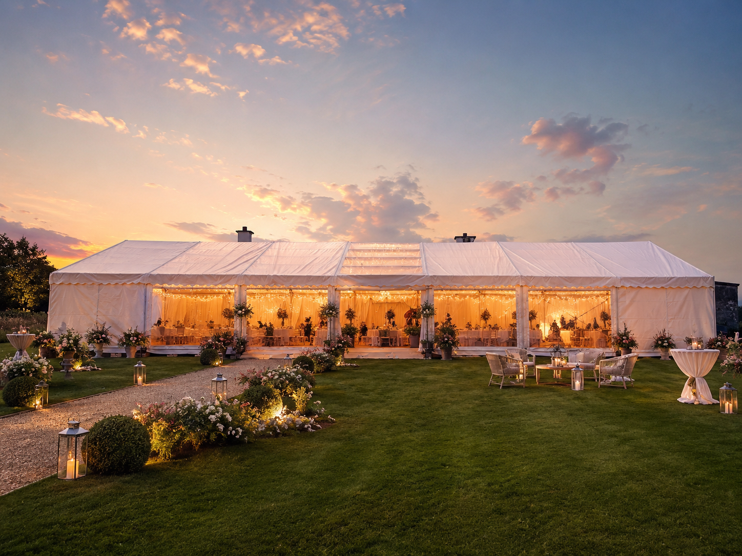 White marquee with warm lighting, set in a garden at sunset