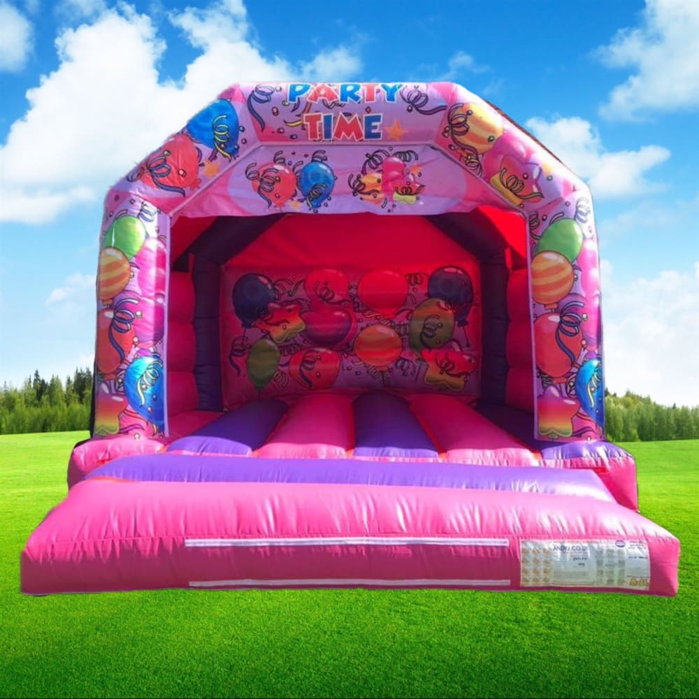 12 x 12 Pink Purple Party Time Themed Bouncy Castle With Sun Shower Cover Bouncy Castle Hire in Wrexham Chester Ellesmere North Wales Bounce Higher Wrexham
