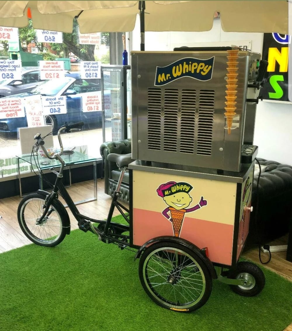 Mr Whippy icecream machine with fantastic trike and Parasol