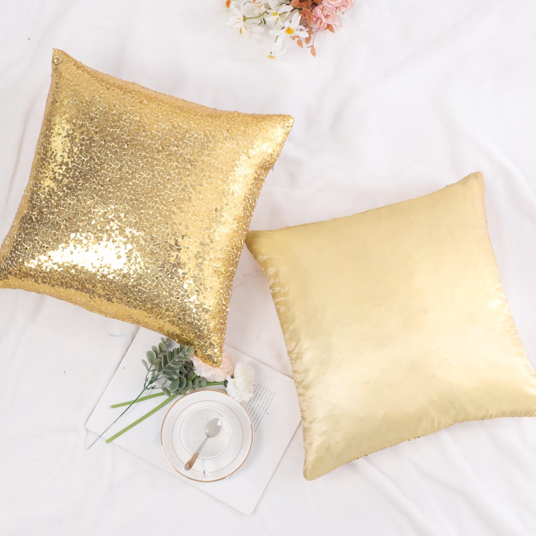 2pc Gold Sequin Throw Pillows Bounce House Inflatable Hire in Brockton Holbrook Boston Bridgewater Easton Randolph Avon More Bounce On Us Party Rental