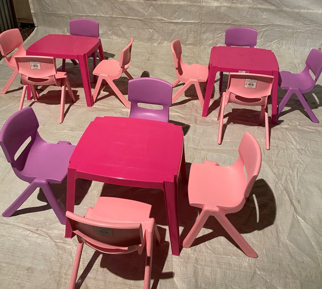 Pink Purple kids tables and chairs Bouncy Castle Hire Rodeo Bull hire Slush puppie Hire in Stevenage Hitchin Letchworth Baldock WGC Hatfield St Albans Hertfordshire King of the Castles Entertainments