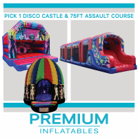 ANY Adults Disco Bouncy Castle + 75ft Assault Obstacle Course