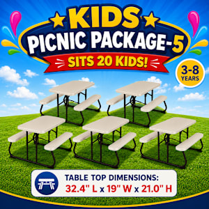 Kids Picnic Table Package (5 Tables and Seating for 20 up to age 8)