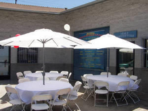 Umbrella Set, 60" Round Table (Seats 8, White Chairs)