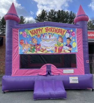 Pink Castle Bounce House W/ Birthday Panel