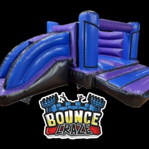 Purple & Blue Castle with low slide (14ft by 18ft) - Christening theme