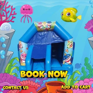Baby Shark Blue Front Slide & Bounce 12x16ft hire