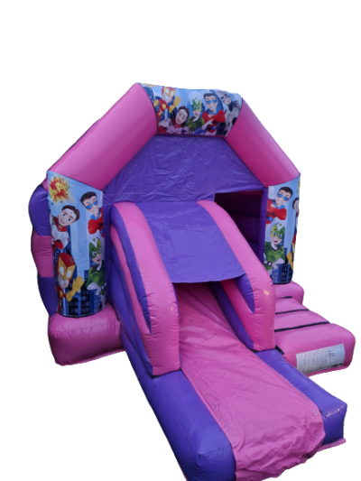 Superhero Pink Slide Combo, a bounce and slide combo for hire from Bouncy Boss