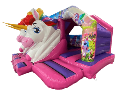 3D Unicorn Bounce & Slide Combi, a bounce and slide combo for hire from Chloe's Castles