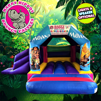 Moana Slide 15ft x 18ft - Purple & Red, a inflatable slide for hire from Happy Hippos Bouncy Castles
