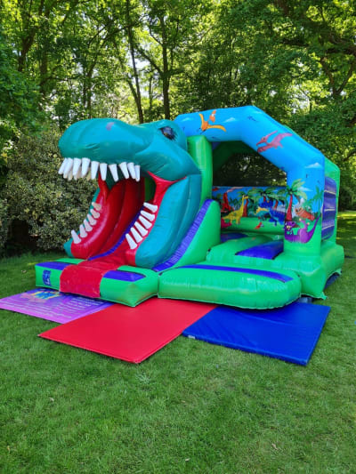 4D Dinosaur Castle with Slide, a bounce and slide combo for hire from Every Bounce Counts