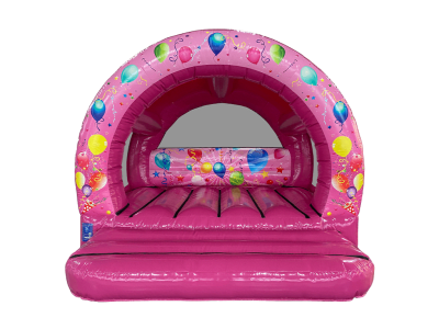 Pink Party Time Curved Castle, a bouncy castle for hire from Every Bounce Counts