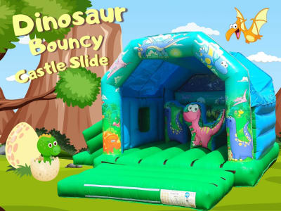 Dinosaur Bouncy Castle Slide Combo with 3D Pop-ups 16x18ft, a bounce and slide combo for hire from Have A Bounce