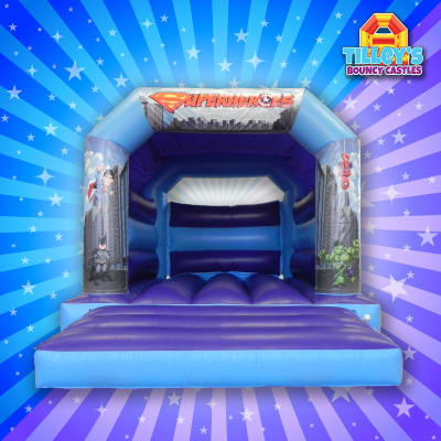 Mini Super Hero Bouncy Castle (Purple and Blue), a toddler inflatable for hire from Tilley's Bouncy Castles and Soft Play Hire
