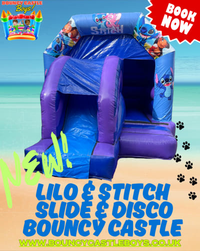 12ft x 18ft Lilo and Stitch Character Slide Castle, a bounce and slide combo for hire from Bouncy Castle Boys