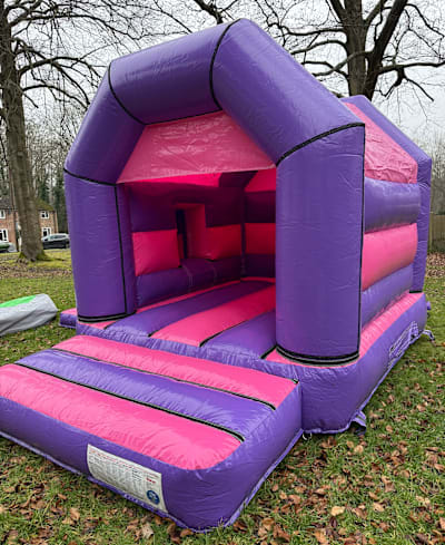 12ft x 15ft Pink and Purple with side slide, a inflatable slide for hire from Sploj