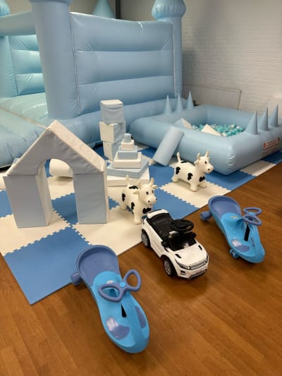 17 Piece Blue Soft play with Juggler ball pond, a soft play set for hire from SK Hire Events