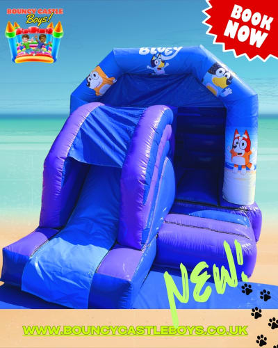 12ft x 18ft Bluey Character Slide Castle, a bounce and slide combo for hire from Bouncy Castle Boys