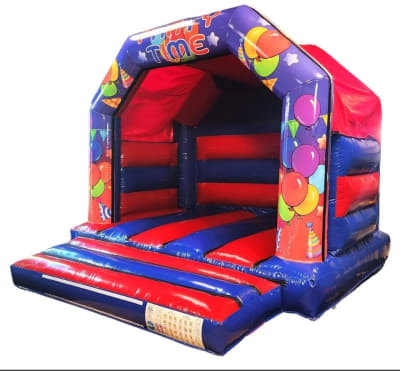 12ft x 15ft Blue/Red 'Party Time' Disco Ready Castle (Professional Lights and Bluetooth Speaker Included), a bouncy castle for hire from Bouncy Castle Boys