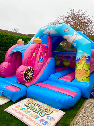 Princess Carriage Combo Bounce N Slide, a bounce and slide combo for hire from Bouncy Mania