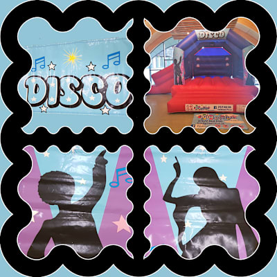 (BC-1) "Blue Disco" Red & Blue Themed Bouncy Castle (Slide), a bounce and slide combo for hire from KiDz Parties LLP