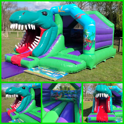 Dinosaur Bounce and Slide, a bounce and slide combo for hire from KBS Inflatable Kingdom