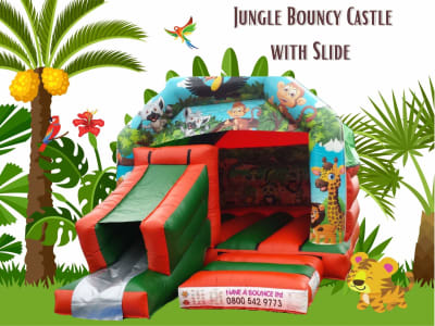 Jungle Bouncy Castle with Slide 18x12ft, a bounce and slide combo for hire from Have A Bounce