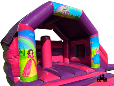 Princess Themed Pink and Purple Bounce and Slide 15ft x 21ft, a bounce and slide combo for hire from Ace Inflatables