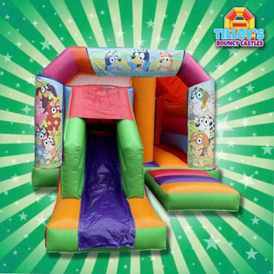 Bluey Bounce & Slide, a bounce and slide combo for hire from Tilley's Bouncy Castles and Soft Play Hire