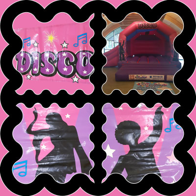 (BC-1) "Pink Disco" Pink & Purple Themed Bouncy Castle (Slide), a bounce and slide combo for hire from KiDz Parties LLP