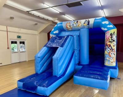 Bluey Blue Velcro with Slide, a inflatable slide for hire from Wazoggies Bounce House