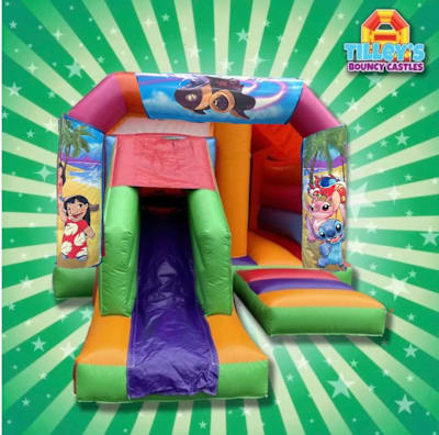 Lilo & Stitch Bounce & Slide, a bounce and slide combo for hire from Tilley's Bouncy Castles and Soft Play Hire