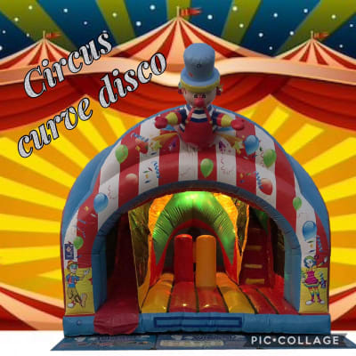 8ft Platform Curved Bounce 'n' Slide Disco, a bounce and slide combo for hire from Wizard Bouncy Castles