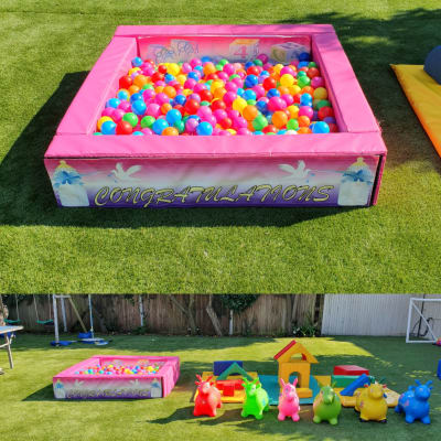 BABY CONGRATULATIONS PINK BALL PIT & SOFT PLAY EQUIPMENT SET, a soft play set for hire from All Bounce Surrey