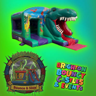 Dinosaurs Combi Bounce & Slide, a bounce and slide combo for hire from Brighton Bouncy Castles