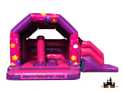 Party Balloons Pink and Purple Bounce and Slide 15ft x 21ft, a bounce and slide combo for hire from Ace Inflatables