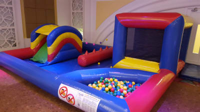 15ft Playzone with slide, castle and Ball Pool, a bounce and slide combo for hire from Abc Party Hire