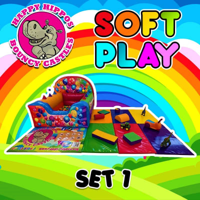Soft Play Set 1 - Party Themed Multicoloured Ball Pool, a soft play set for hire from Happy Hippos Bouncy Castles