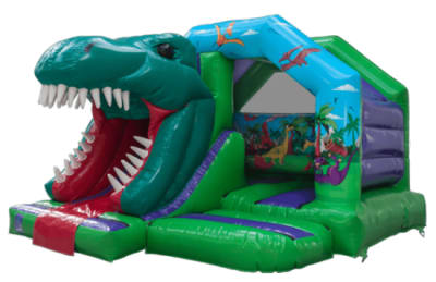 3D Dino Slide Combi, a bounce and slide combo for hire from Crockerz Castles