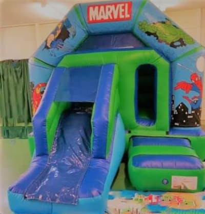 Blue and Green bounce and slide (plain), a bounce and slide combo for hire from Kidz Smile