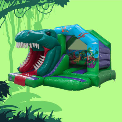 3d Dinosaur Slide Castle, a bounce and slide combo for hire from Bouncy Boss