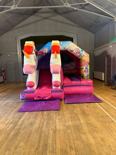 15 x14ft 3D Twin Head Unicorn front slide combi, a bounce and slide combo for hire from Bounce House Inflatables
